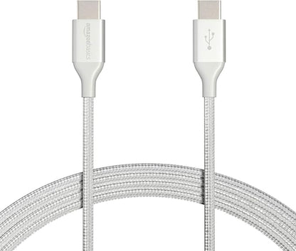 Amazon Basics USB-C to USB-C 2.0 Fast Charger Cable, Nylon Braided Cord, 480Mbps Speed, USB-IF Certified, for Apple iPhone 16/15, iPad, Samsung Galaxy, Tablets, Laptops, 10 Foot, Silver