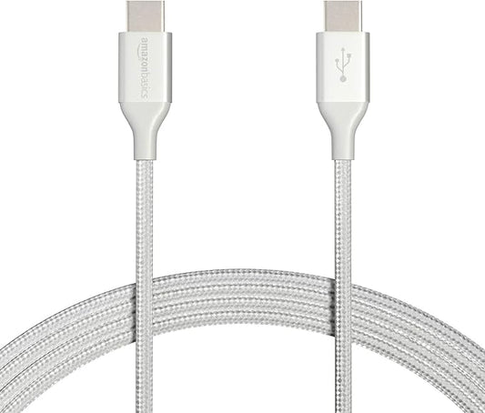 Amazon Basics Nylon Braided USB-C to USB-C 2.0 Fast Charger Cable, 60W, 480Mbps Speed, USB-IF Certified, for Apple iPhone 16/15, iPad, Samsung Galaxy, Tablets, Laptops, 10 Foot, Silver
