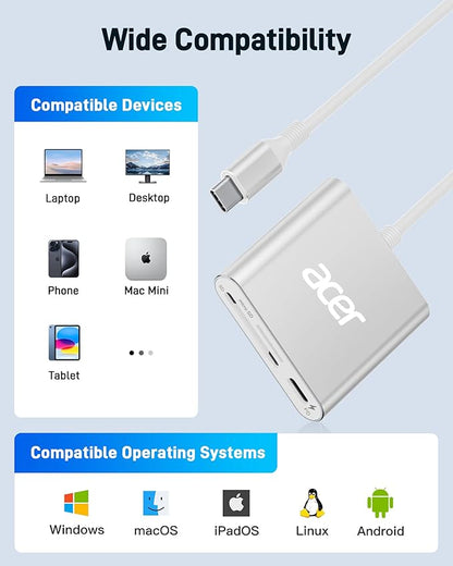 Acer SD 4.0 Card Reader, UHS-II Micro SD Reader USB C, Dual Slot Type C Memory Card Adapter with 100W PD Port for MicroSD SDXC SDHC UHS-II & UHS-I for iPhone 15/16, Laptop, MacBook(Silver)