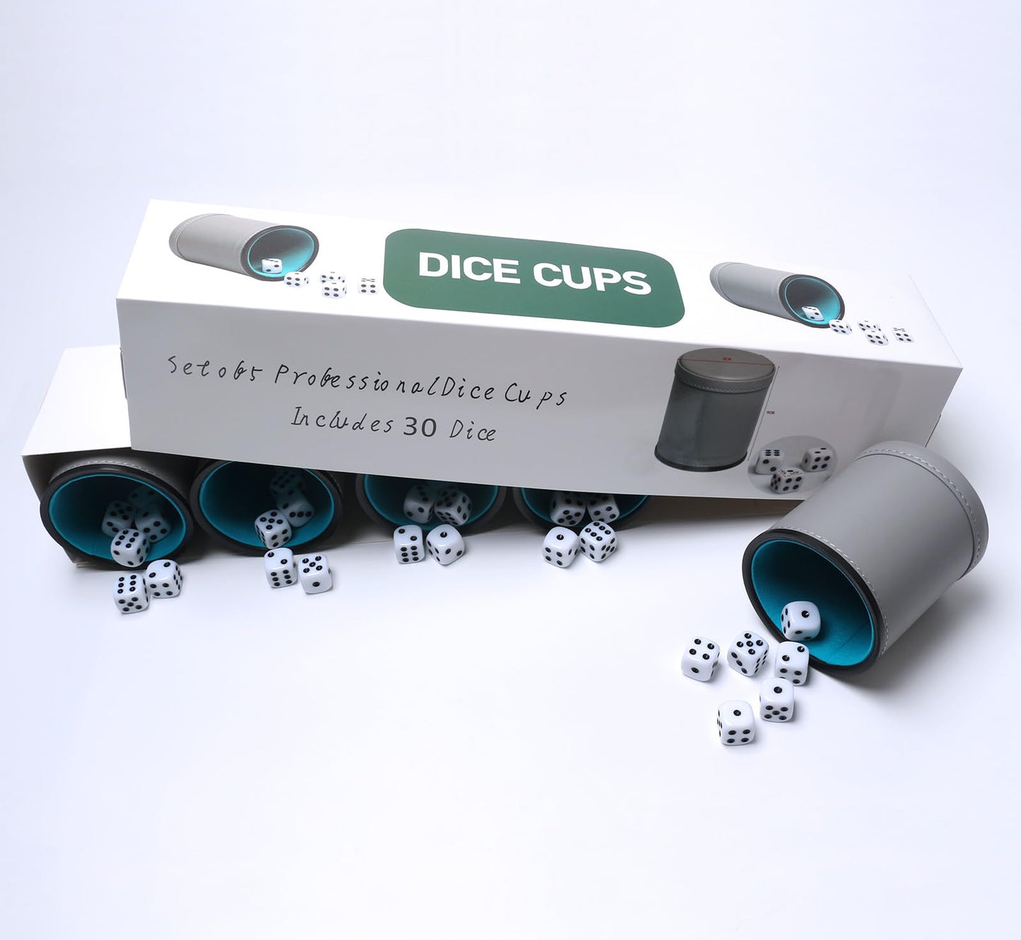 5 Pack PU Leather Dice Cups Felt Lining Quiet Shaker with 30 Dot Dice for Bar Party Yahtzee Farkle Dice Games, Grey