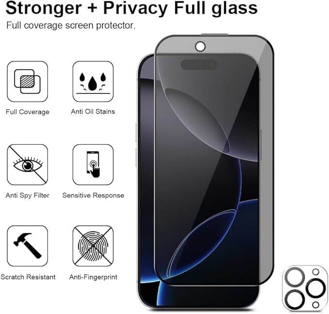 3 Pack for iPhone 16 Pro Privacy Screen Protector +2 Camera Lens 9H+Full Cover Tempered Glass Auto Alignment Kit 12FT Military Grade Shatterproof Anti Spy Longest Durable 6.3