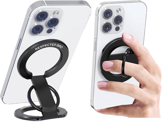 RESPECTED BRO-Magnetic-Phone-Ring-Holder with Dual Rings, Compatible with iPhone 17/16/15/14/13/12, Multifunctional Stand for Desk, Office, Gym, Kitchen & All Metal Surfaces, Finger Loop Grip (Black)
