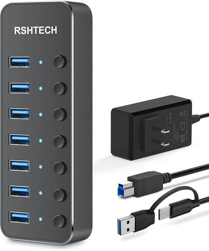 Powered UBS Hub, RSHTECH 7 Port USB 3.0/USB C Hub Upgraded Version Aluminum USB Splitter with 2-in-1 USB Cable,5V 3A Power Adapter and Individual Switches, USB Port Expander for Laptop/PC, RSH-ST07