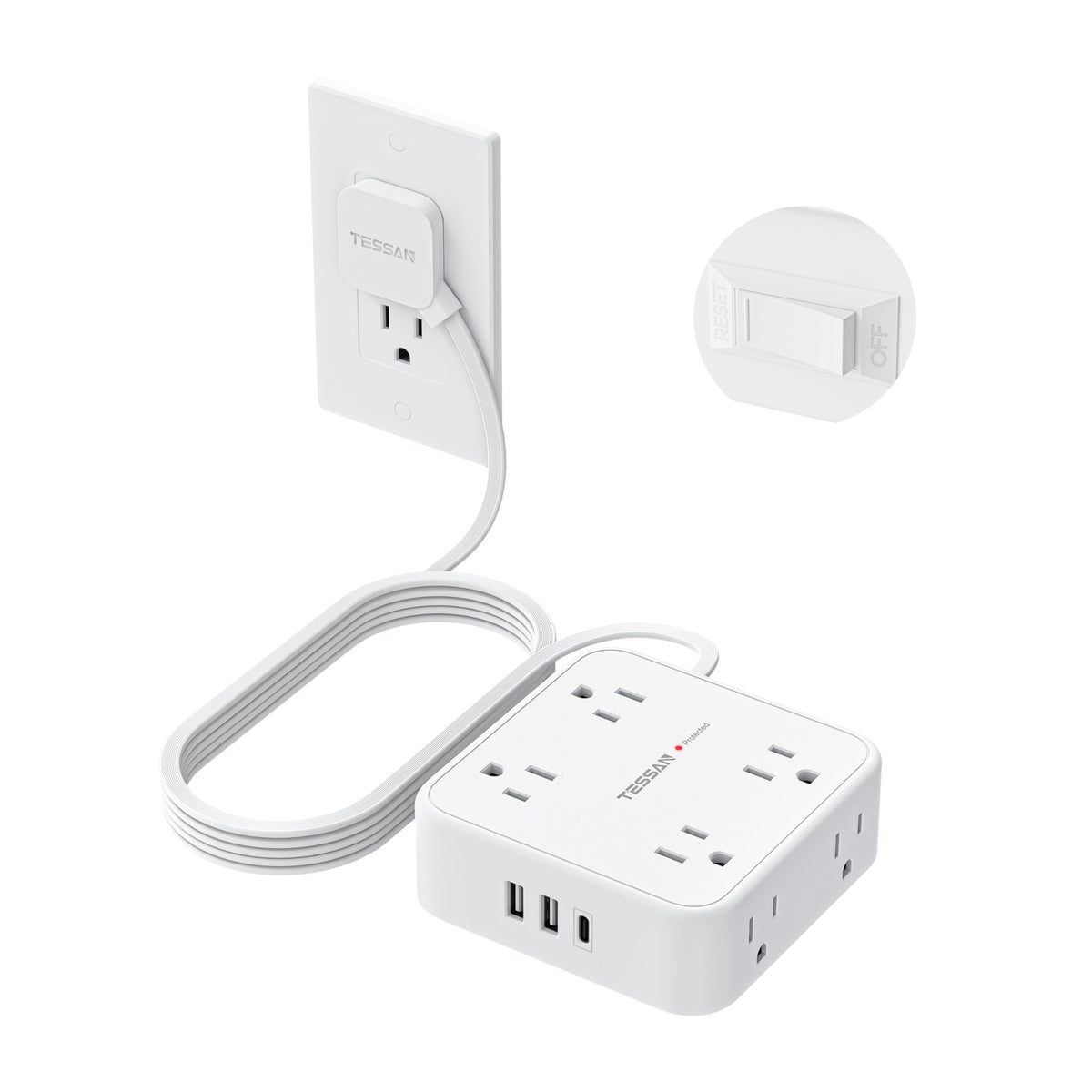 TESSAN Surge Protector Power Strip with 900J Surge Protection, 20 Ft, Grey
