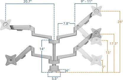 Mount-It! Dual Monitor Mount - Monitor Stands for 2 Monitors, Computer Arms on Desk Stand, Gas Spring Height Adjustable Desk Mount in Silver, VESA 75, 100 Fits Screens Up to 32", Silver Color