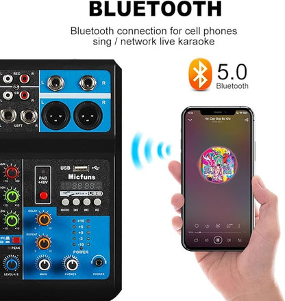 Mini audio DJ mixer Sound Board Console System,5 Channel 48V Phantom Power with Bluetooth USB MP3 Stereo live DJ Studio Streaming for professional recording party KTV stage