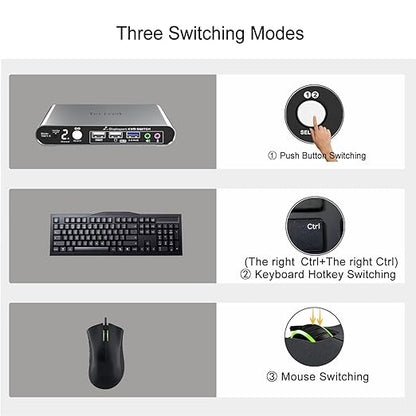 2 Port DP USB 3.0 Automatic KVM Switch Two Computers 1 DisplayPort Monitor switcher, 8K@30Hz 4K@144Hz, Aluminum hotkey Audio mic, Digital Display, HDR10 with Cables