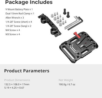 SMALLRIG V Mount Battery Plate, V-Lock Battery Plate with Dual 15mm Rod Clamp, 1/4"-20 & 3/8"-16 Threaded Holes V Mount Battery VB99 SE / VB99 / VB99 Pro, for Neewer PS099E