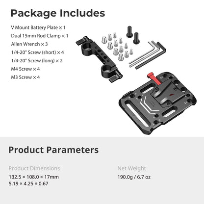 SmallRig V Mount Battery Plate, V-Lock Battery Plate with Dual 15mm Rod Clamp, 1/4"-20 & 3/8"-16 Threaded Holes, for SmallRig V Mount Battery VB99 SE / VB99 / VB99 Pro, for Neewer PS099E