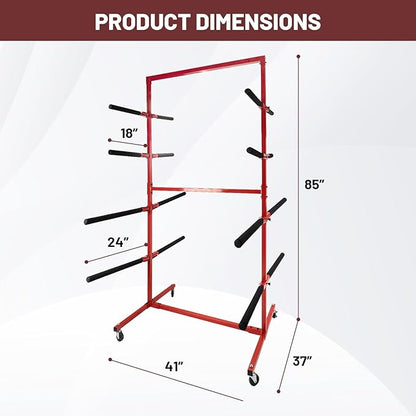 Mobile Bumper Storage Rack, 8 Pairs of Arms Double Sided Bumper Stand with Lockable Wheels, Heavy Duty Utility Bumper Storage Dolly Length Adjustable for Automobile Parts Accessories, Red
