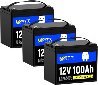 WattCycle 12V 100Ah LiFePO4 Lithium Battery 3 Pack - BCI Group 24, 15000 Cycles, Built-in 100A BMS, Low-Temperature Protection - Ideal for RVs, Golf Cart, Home Energy Storage, Marine (3 Pack)