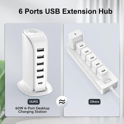 Charging Station for Multiple Devices Upoy, Multi USB Tower Hub with 5 USB+1 Type C Ports, USB C Charger Block Fast Charging for Apple/Samsung/Android Gadgets, Cute Home Office Desk Accessories