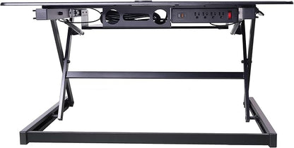 Rocelco 40" Height Adjustable Standing Desk Converter with AC Outlet and USB Charger - Gas Spring Sit Stand Up Dual Monitor Tabletop Riser Workstation - Large Keyboard Tray - Black (R DADRB-40-ACUSB)