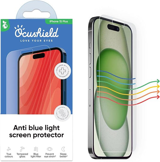 Ocushield Anti Blue Light Tempered Glass Screen Protector of iPhone 15 Plus (6.7") – Blocks Blue Light, Prevents Eye Strain & Helps You Sleep Better, 9H Hardness & Case Friendly