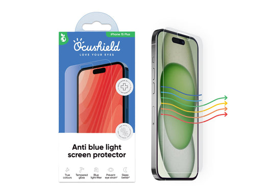 Ocushield Anti Blue Light Tempered Glass Screen Protector of iPhone 15 Plus (6.7") – Blocks Blue Light, Prevents Eye Strain & Helps You Sleep Better, 9H Hardness & Case Friendly