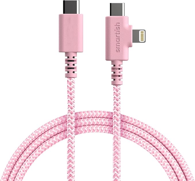Smartish 2 in 1 USB C to USB C/Lightning Cable - Crown Joule - 6 Ft Fabric Wrapped Fast Charging Cord - for iPhone, Galaxy, Pixel - 100W Dual Fast Charger for Phones/Laptops - I'm Blushing
