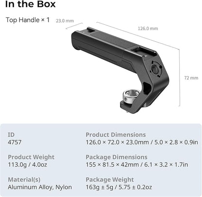 SMALLRIG Lightweight Top Handle with 3/8"-16 Locating Pins for ARRI, Tiny Camera Top Handle Only 113g, High-Strength Engineering Plastic Handle with Two Cold Shoe Mounts - 4757