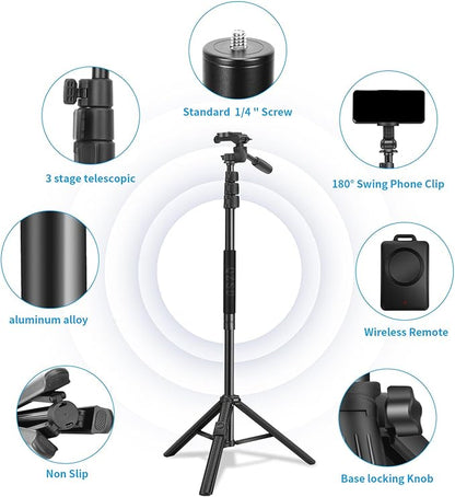 64" Phone Selfie Stick Tripod - Extendable 3 in 1 Aluminum Cell Phone Tripod Stand with Wireless Remote, Lightweight Phone Holder, Portable Travel Tripod for Phone Camera