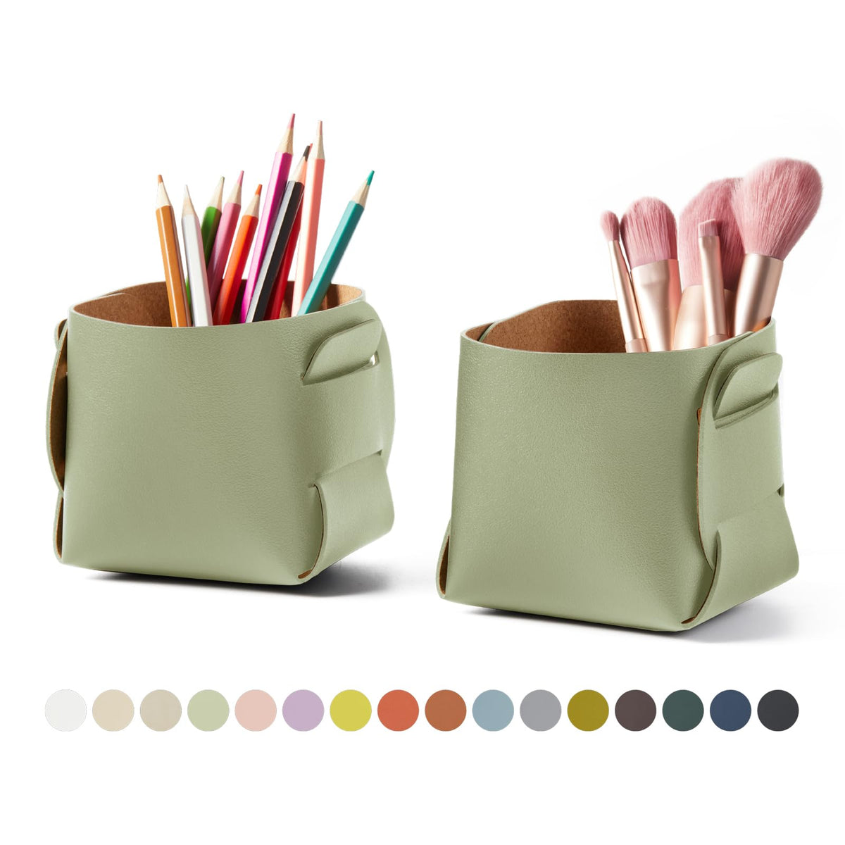HOMIEAZICOZI 2-Pack Cork Leather Desk Accessories Storage - Pencil Pen Holder - Makeup Brush Holder Organizer - Stylish Addition to Home Decor (Light Green)