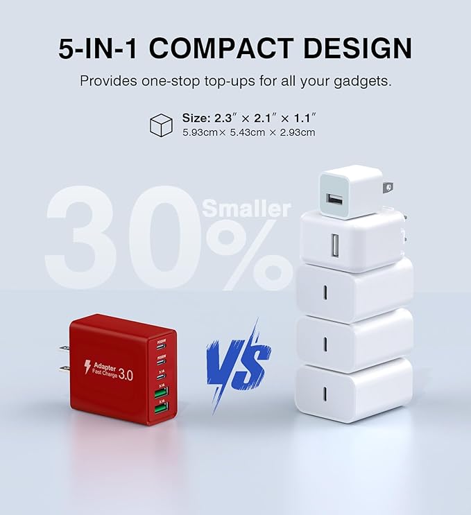 2Pack USB C Fast Charger Block, 50W 5-Port Type C Wall Charger Brick, Multiport Charging Plug Power Adapter Brick Cube for iPhone 16/15/14/13/12, Pad Mini/Pro, Galaxy S23 S22