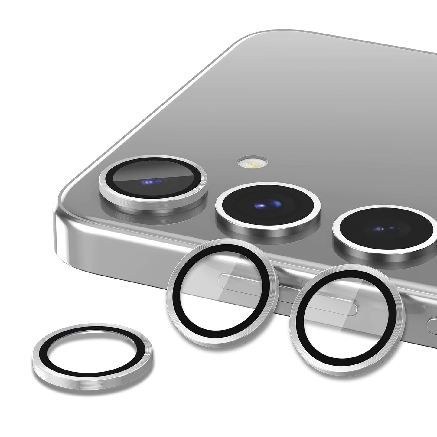 Avocase for Samsung Galaxy S25 Plus Camera Lens Protector, Individual Metal Ring Tempered Glass Lens Cover, [Strong Adsorption] Scratch Resistant Ultra-Thin HD Clear Lens Cover, 1 Set-Silvery