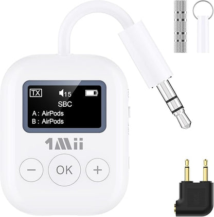 1Mii Bluetooth Transmitter for Airplane, Bluetooth 5.3 Adapter for TV,Airplane Travel Essentials, Aptx Low Latency Wireless Audio Aux for Headphones, Any 3.5mm Jack,Linking 2 Devices (White)