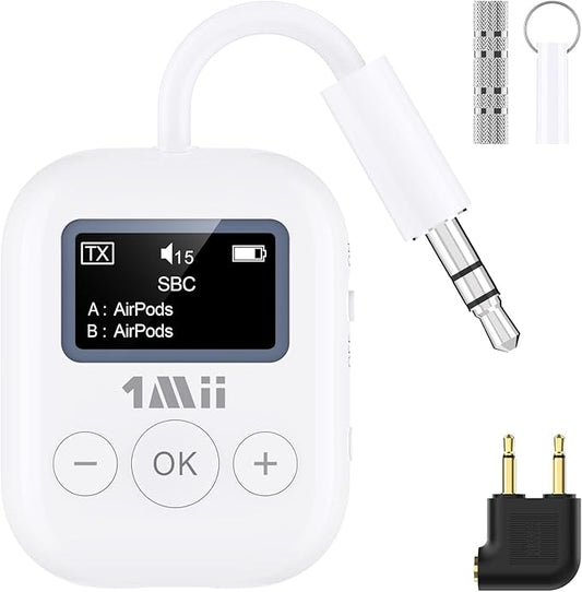 1Mii Airplane Bluetooth 5.3 Transmitter for All Headphones - Bluetooth Adapter for TV - Dual Connection - aptX Low Latency - Flying Travel, Wireless Audio Aux for MP3, Game, PC-White