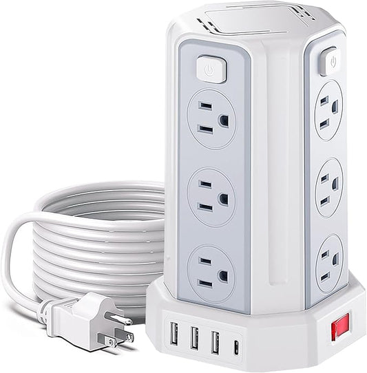 Power Strip Surge Protector, 6.5 Ft Extension Cord with 12 AC Multiple Outlets 4 USB (1 USB C), SMALLRT Power Tower Desktop Charging Station