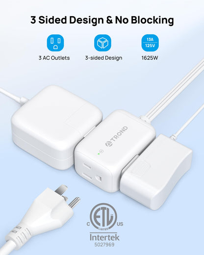 TROND Rotating Flat Plug Extension Cord Surge Protector 1.5ft, 3 AC, White