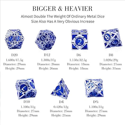 RULE DND Dice Set Metal Blue Solid Weighted D&D Dungeons & Dragons Polyhedral D20 D4 D12 D10 D% D8 D6 with Gift Box