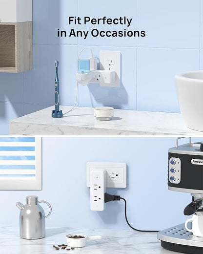 TROND Outlet Extender Surge Protector, 6 AC Outlet Splitter with 360° Rotating Plug, 1440J, 3-Sided Swivel Wall Plug Adapter with Power Switch, Multi Plug Expander for Home Office Travel