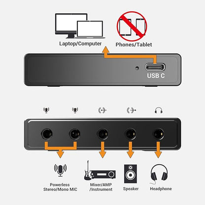 Cubilux CB5 USB Audio Interface for Recording, Streaming, Podcasting, USB to 3.5mm Sound Card with Stereo Microphone Input, Line-In, Line-Out & Headphone Jack for Monitors, Support Windows & Mac OS