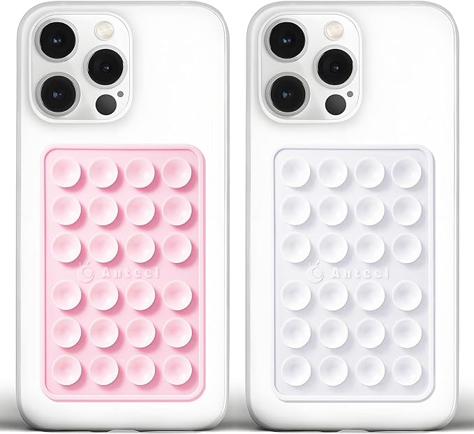 Anteel Medium-Sized Silicone Suction Phone Case Adhesive Mount, Enhanced Suction Power and Upgraded Thickened Sticky Phone Grip, Durable, Hands-Free Sticky Phone Holder, 2.28"x3.46" (LPK&WHT)