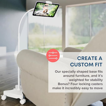 LEVO Adjustable Height Floor Stand on Wheels for Tablet & Phone - Gooseneck Holder Mount with Stable Base - Compatible with All Cell Phones & Tablets (4-13 inch) - White