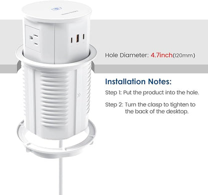 Pop up Outlet for Countertop with 15W Wireless Charger,65W USB C Charging Station,4 Outlets,2 USB C,USB A,Tamper Resistant Receptacle,4.7-inch Hole Power Grommet,Desk Recessed Outlet,White