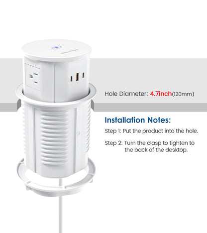 Pop up Outlet for Countertop with 15W Wireless Charger,65W USB C Charging Station,4 Outlets,2 USB C,USB A,Tamper Resistant Receptacle,4.7-inch Hole Power Grommet,Desk Recessed Outlet,White
