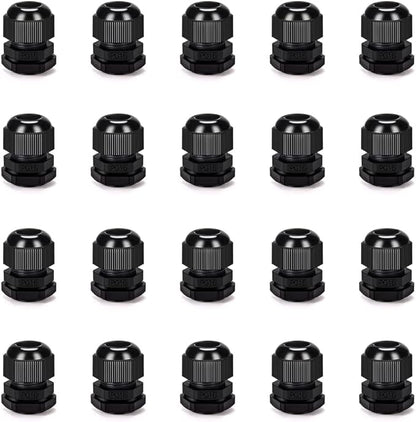 Cable Gland 20 Pack Plastic Waterproof Adjustable Connector 9-14mm PG16 Strain Relief Cord Connectors Joints Nylon with Gaskets