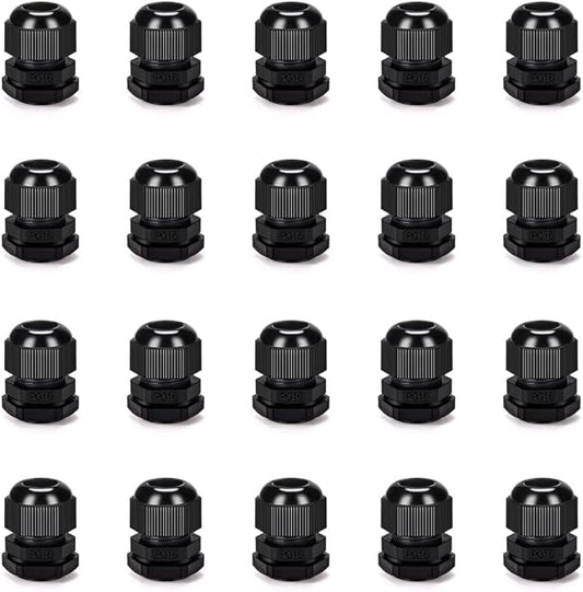 Cable Gland 20 Pack Plastic Waterproof Adjustable Connector 9-14mm PG16 Strain Relief Cord Connectors Joints Nylon with Gaskets