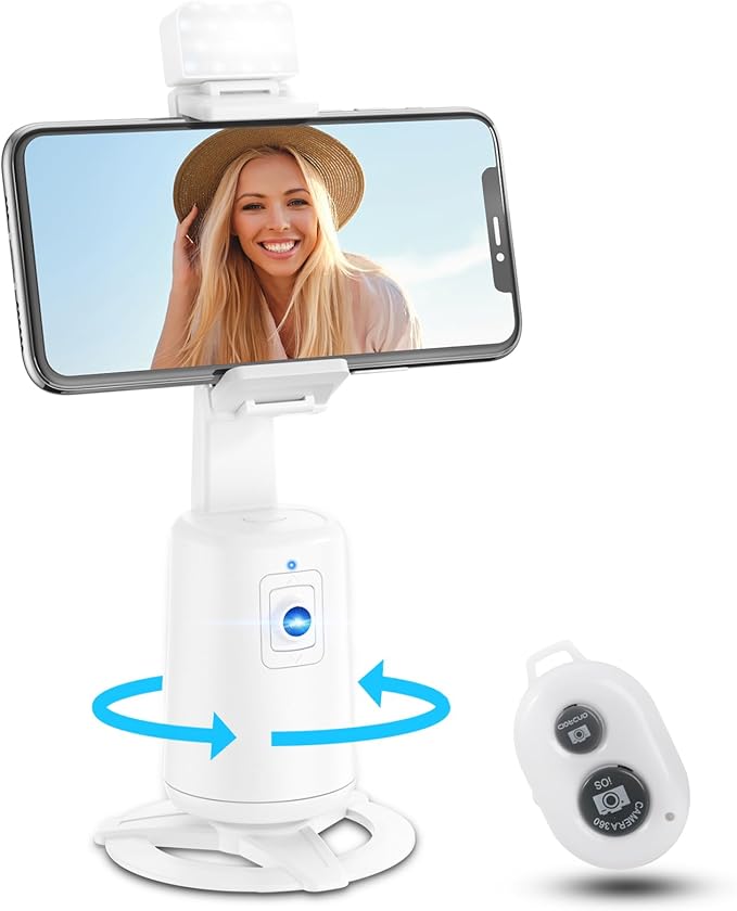 Auto Face Tracking Tripod 360° Rotating Cell Phone Photo and Video Kits Stand, No App, Camera Stand with Remote and Gesture Control, Rechargeable Smart Shooting Stand for Live Recording Tiktok (White)