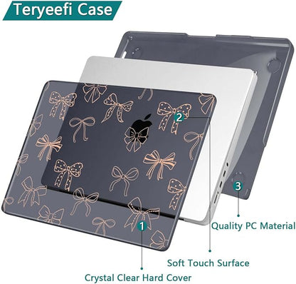 Teryeefi for MacBook Pro 14 inch Case M4 M3 M2 M1 Chip (2025 2024 2023 2021 Release) Model A3112 A3401 A3185 A2918 A2992 A2779 A2442, PC Hard Shell+Keyboard Cover+Type C Adapter, Gold Bows A003