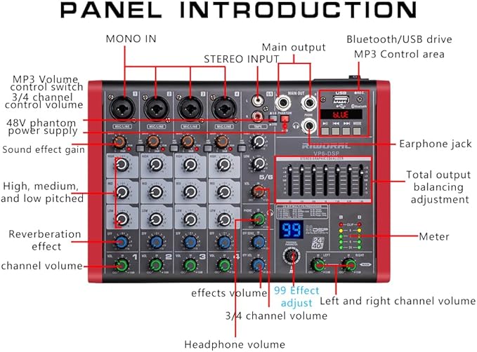 6 Channel Audio Interface DJ Mixer With 99 DSP Effects XLR 1/4 inch Jack USB Bluetooth Echo Delay Effect, Input 48V Phantom Power Stereo DJ Mixers for Recording, Live Streaming, Podcasting