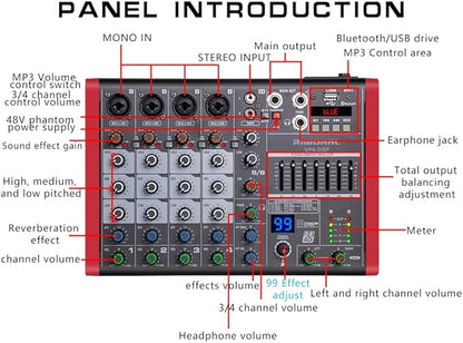 6 Channel Audio Interface DJ Mixer With 99 DSP Effects XLR 1/4 inch Jack USB Bluetooth Echo Delay Effect, Input 48V Phantom Power Stereo DJ Mixers for Recording, Live Streaming, Podcasting