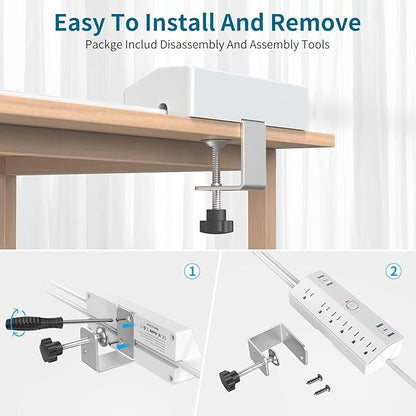 40W Fast Charging Station, Desk Clamp Power Strip, JXGUCAT Removable Desk Clamp Mount Power Strip Surge Protector, 2 USB-C Ports, 6 AC Outlets and 10ft Cord, Fits 1.8" Tabletop Edge