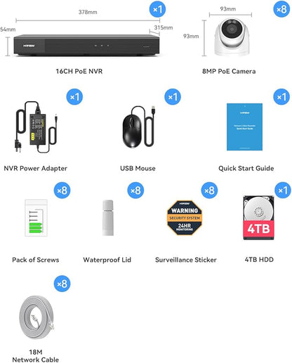 H.VIEW 4K 16 Channel Security Camera System 16Pcs CCTV Camera kit PoE 8MP Indoor Outdoor Dome Wired Surveillance Video with Audio,16CH 4K H.265 NVR with 4TB HDD, CCTV Surveillance for Businesses
