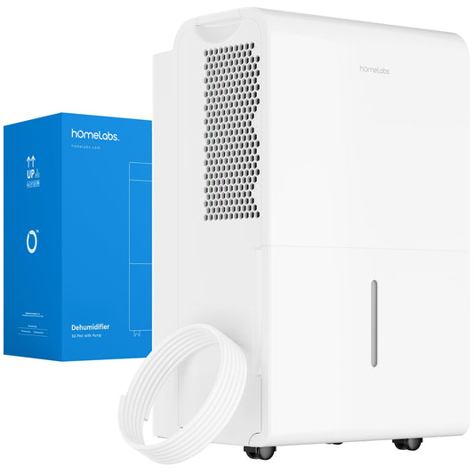 hOmeLabs Dehumidifier 7,500 Sq Ft 50 Pint with Pump 120 Pint 95°F, 90% RH