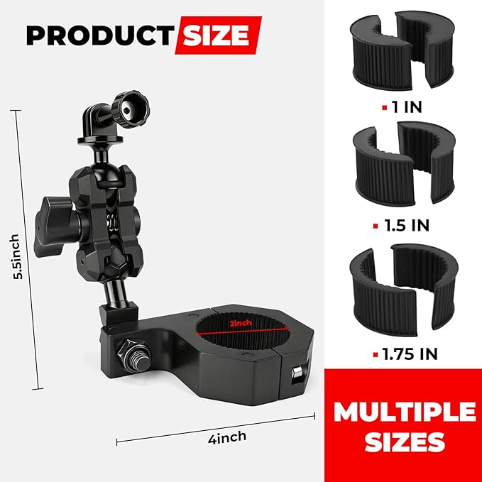 Jerbor Aluminum UTV ATV Camera Mount Holder 360° Compatible with 1.75"-2" Roll Bar and Tube, Fit for GoPro Hero,for Insta360 and Other Action Cameras