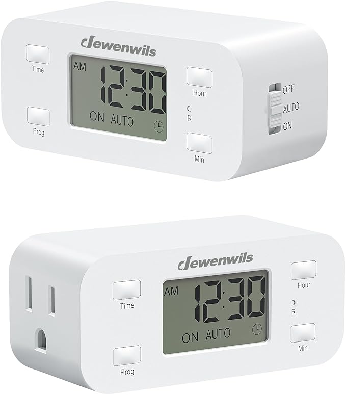 DEWENWILS 24 Hour Programmable Digital Timer Outlet, 2 Pack Timers for Electrical Outlets, Light Timer for Indoor Lamp Fan Aquarium, 1 Grounded Outlet, 125V/15A/1000W, 3 Prong, 1/2 HP