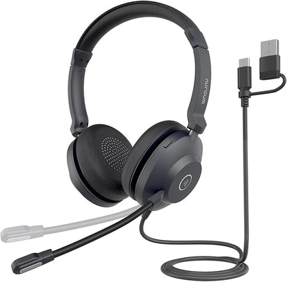 NUROUM HP21 USB Headset with Microphone for PC, AI Noise Cancelling Mic for Work, Wired Headset for Call Center/Office, Mute Button, USB-A/Type-C for Computer/Laptop/Desktop, Compatible w/Zoom/Teams
