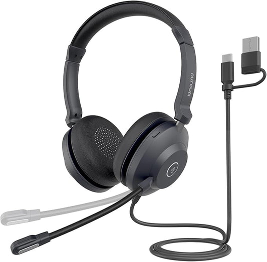 NUROUM HP21 USB Headset with Microphone for PC, AI Noise Cancelling Mic for Work, Wired Headset for Call Center/Office, Mute Button, USB-A/Type-C for Computer/Laptop/Desktop, Compatible w/Zoom/Teams