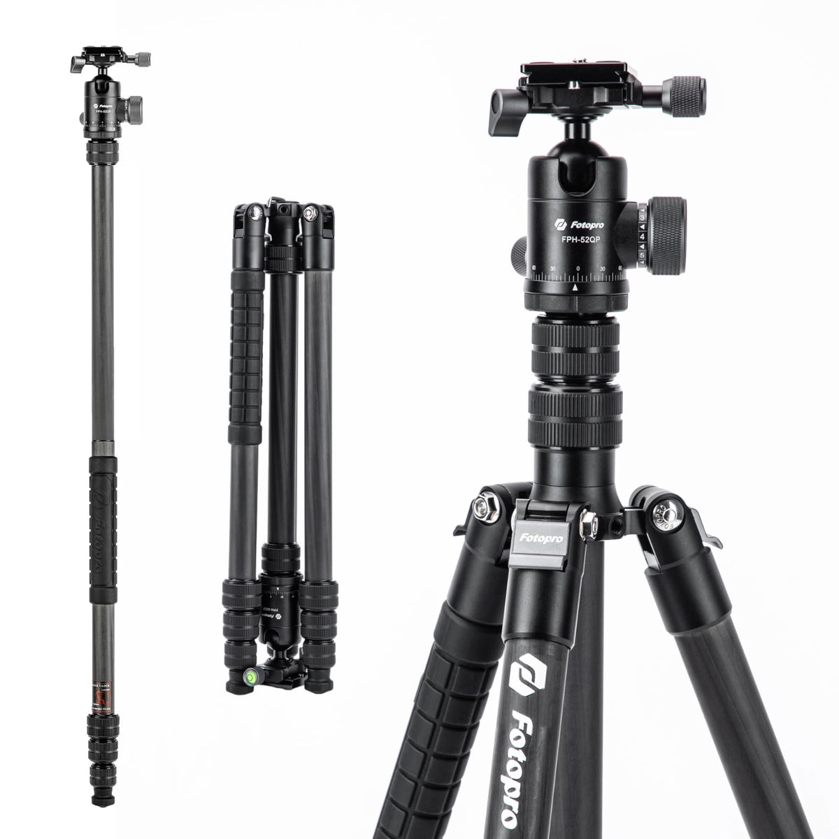 Fotopro X-GO Max 68" Carbon Fiber Camera Tripod, Professional Heavy Duty Camera Tripod with Ball Head, Detachable Monopod, Dia.28mm Leg, Load up to 26.46lbs, Weights only 3.3lb, for DSLR